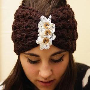 Headband - Knitted , Open-work, Chocolate Brown,..