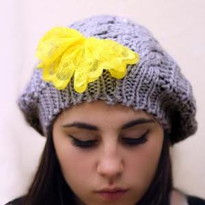 Yellow Bow Beanie Hat- Gray, Smoky, Lace Bow ,..