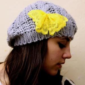 Yellow Bow Beanie Hat- Gray, Smoky, Lace Bow ,..
