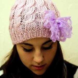 Lavender Bow Beanie Hat- Pink Hat, Smoky, Lace Bow..