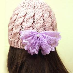 Lavender Bow Beanie Hat- Pink Hat, Smoky, Lace Bow..