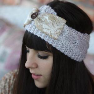 Headband - Large Bow, Knitted , Cable Knit , Gray..