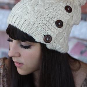 Beanie Hat- , Ivory, Pom Pom , Wood Buttons, Cable..