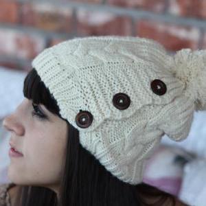 Beanie Hat- , Ivory, Pom Pom , Wood Buttons, Cable..