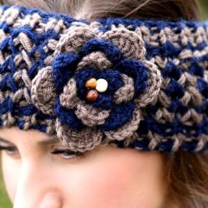 Headband - Large Flower,navy Blue, Tan, Brown ,..