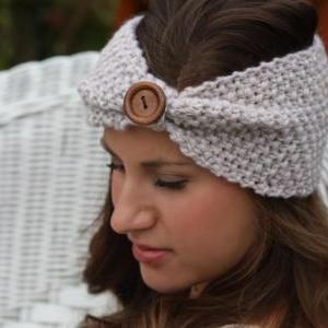 Crochet Headband - Large Wood Button, Tan, Straw ,..