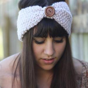 Crochet Headband - Large Wood Button, Tan, Straw ,..