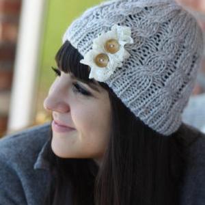 Beanie Hat- , Light Gray, Accordion Lace , Wood..