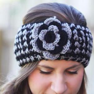 Headband - Large Flower, Black , Gray, Knitted ,..