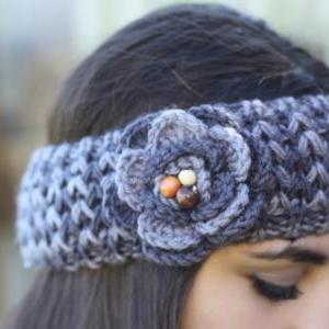 Headband - Large Flower, Grey , Woo..