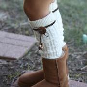 Legwarmers - Boho, Knitted, Ivory, Leather Bow, Wood Buttons, Brown lace, Boot Cover, Socks, Crochet, Lace Trim, Christmas Gift,