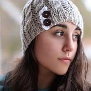 Beanie Hat- , Light beige, , Accordion lace , Wood buttons, Cable Knit, Knitted, Crochet, ivory lace, Christmas Gift.