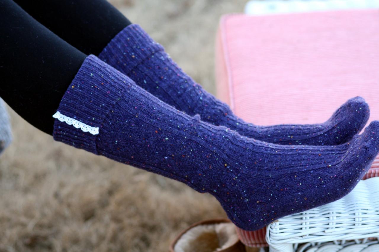 Knitted Purple Blue Boot Socks, Winter Socks, Knitted Socks, Socks With Lace, Socks With Buttons, Cozy Socks,uggs Socks