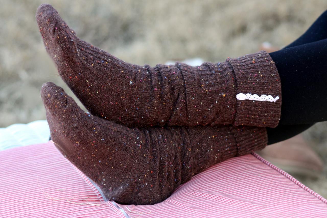 Knitted Brown Boot socks, Winter socks, Knitted socks, Socks with lace, Socks with buttons, cozy socks,Uggs socks