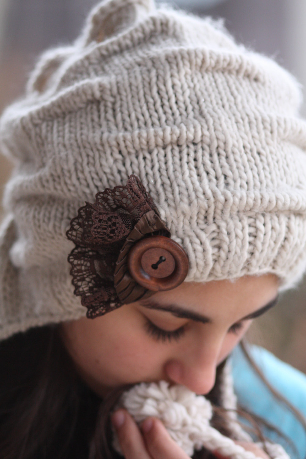 Knitted Hat- Brown Lace, Light Beige , Infinity Scarf, Large Button, Vintage Style Hat, Crochet Hat, Heart Hat, Love, Chunky Scarf,
