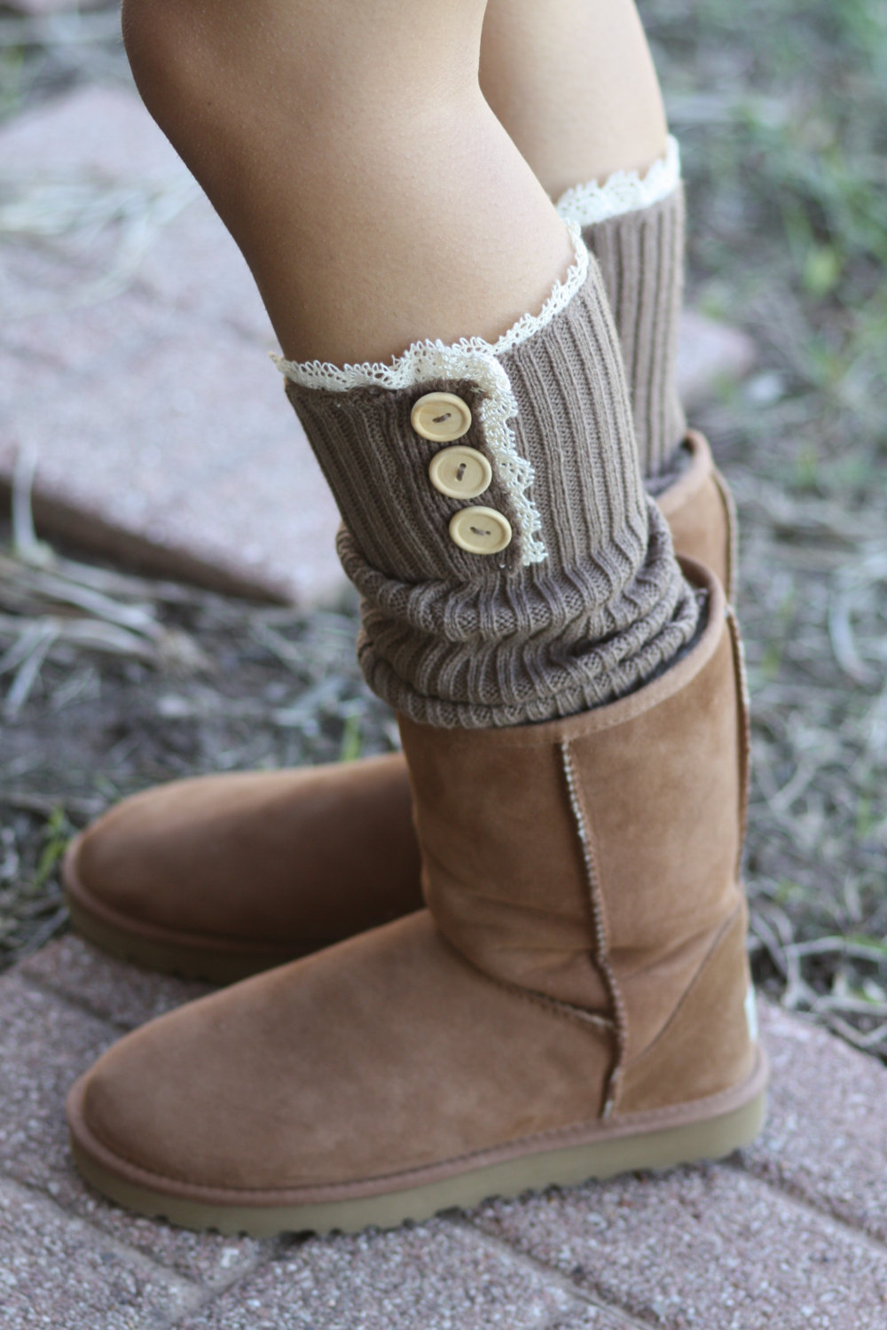 LimitedTime Sale Legwarmers - Knitted, Tan, Brown, Wood Buttons, Cotton, Organic , Boot Cover, Socks, Crochet, Lace Trim, Christmas Gift,