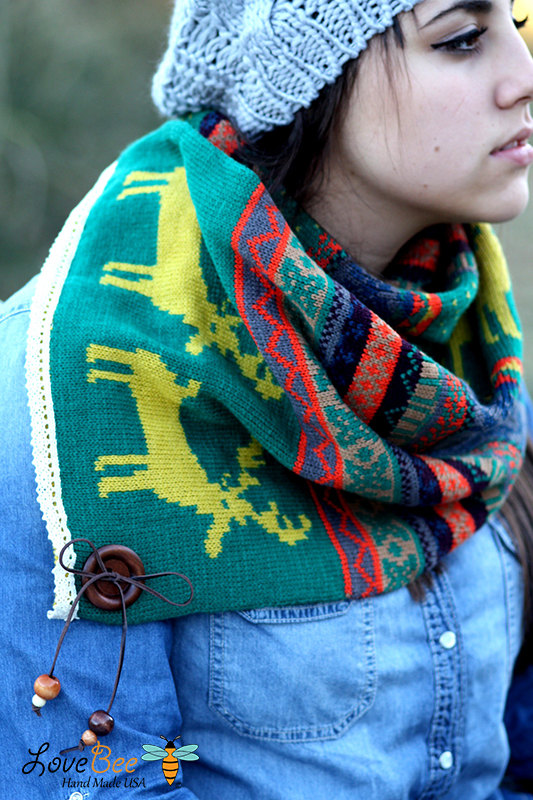 Boho Chunky Scarf- Christmas , Reindeer, Winter Scarf, Colorful , Knitted, Wood Buttons, Leather, Red ,Muffle ,Shawl Green , Yellow