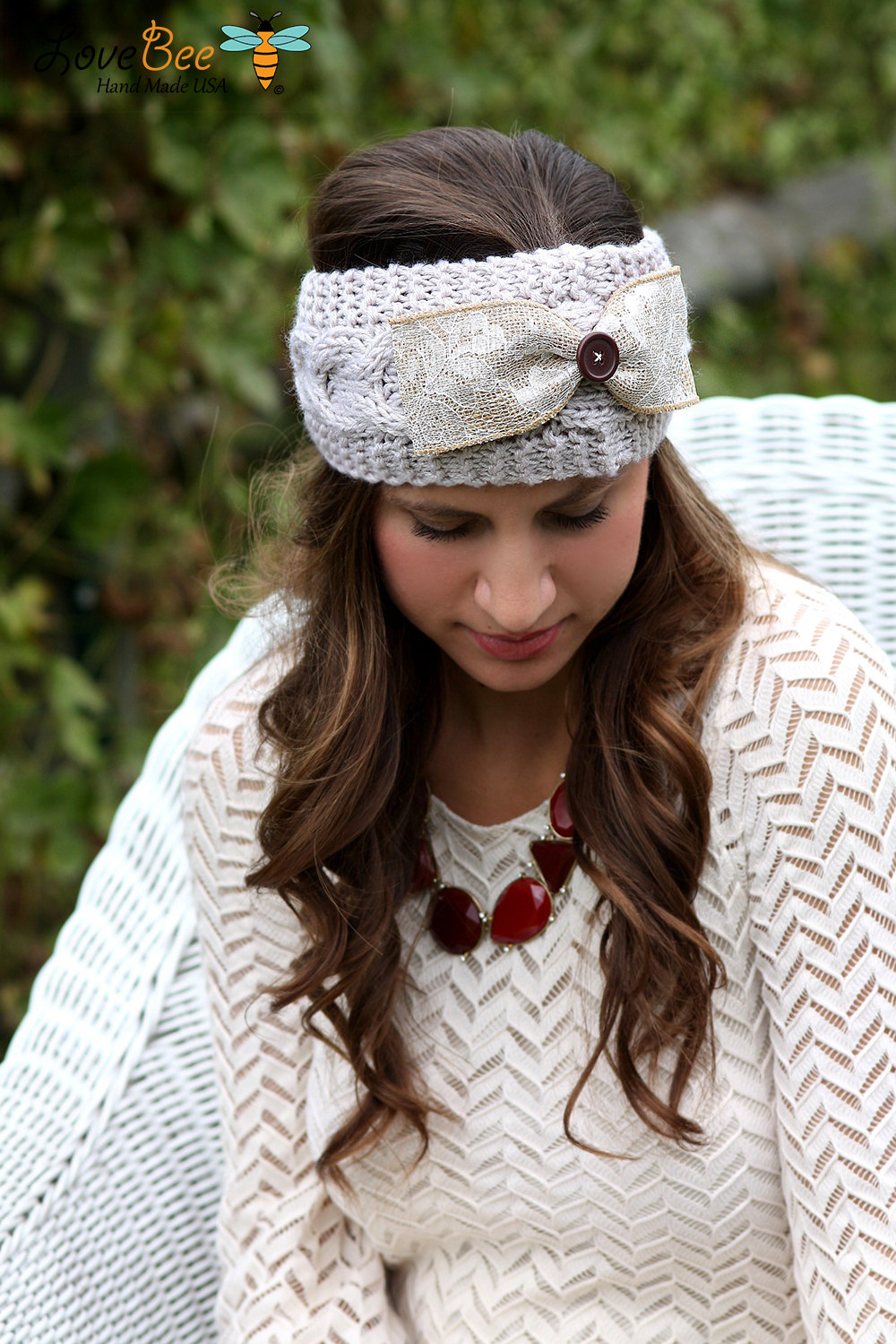 Headband - Large Bow, Knitted , Cable Knit , Gray ,infinity, Wood Button, Lace, Linen,Wide Headband, Turban, Christmas Gift