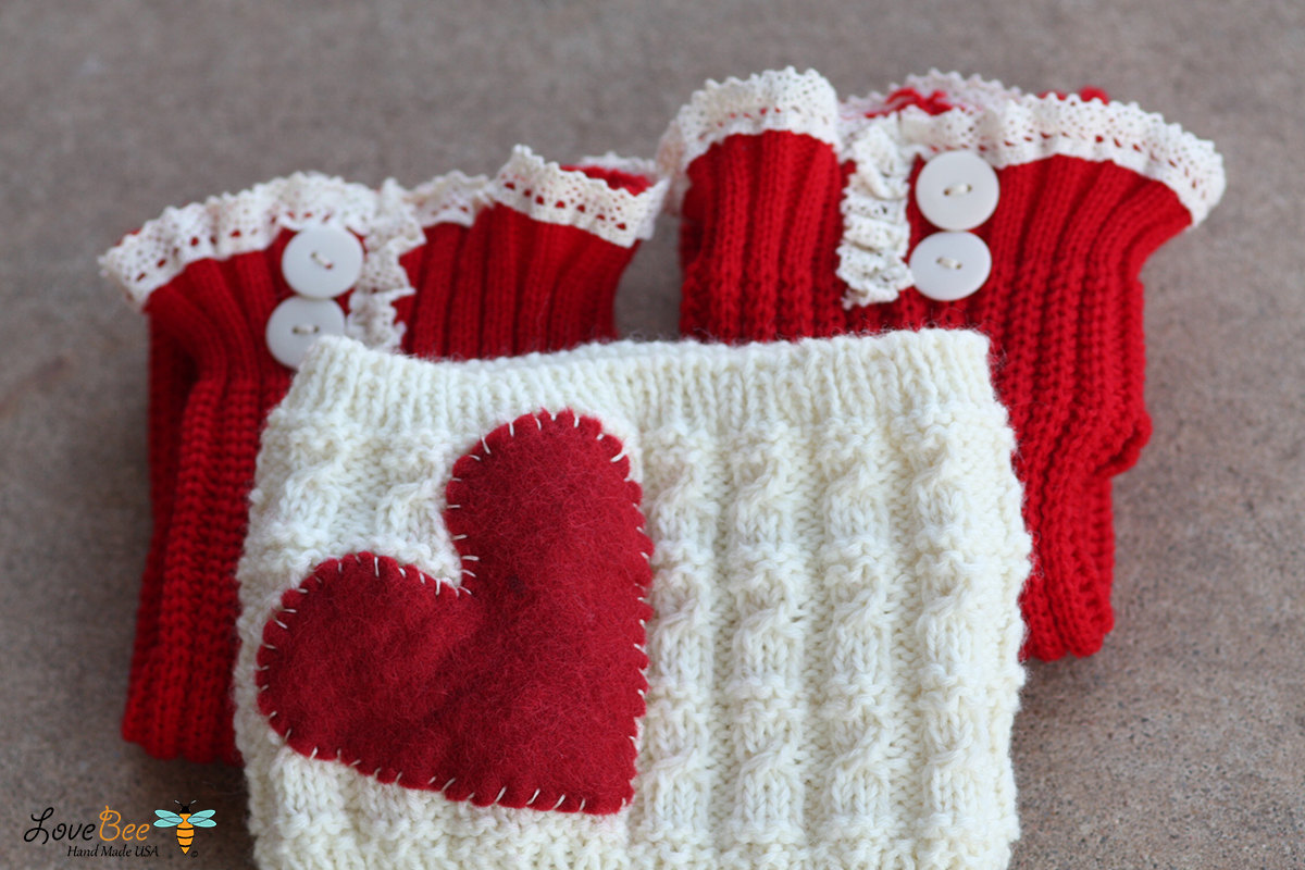 Red And White - Heart Headband, White Headband, Cozy, Red Leg Warmers. White Lace. Big Heart, Christmas Gift.