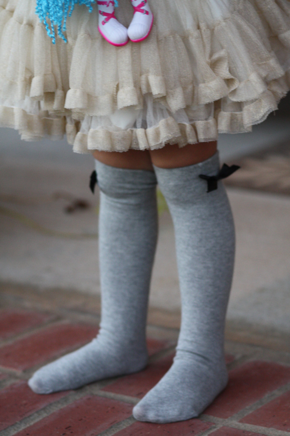 Kids Kneehigh Socks - Black Bow, Girls Vintage Gray Socks, Boho, Knitted , Cotton, Organic , Boot Socks,