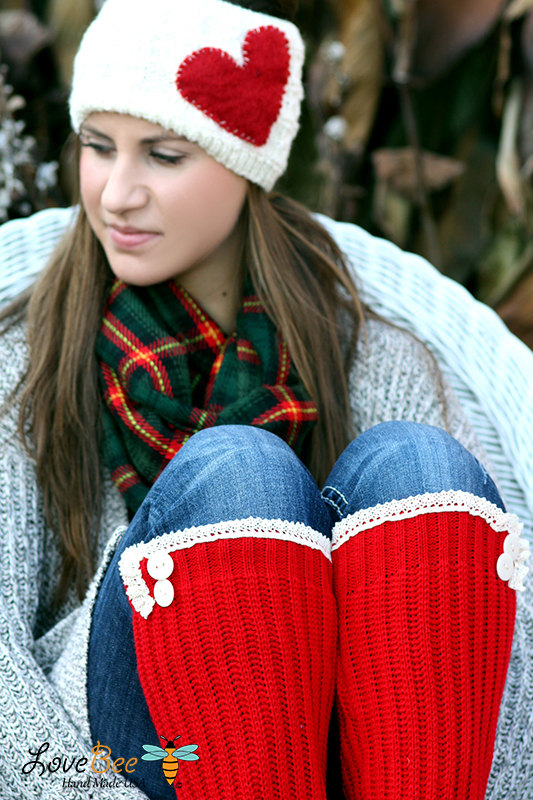 Red Heart Knitted Headband - Ivory , Cable Knit ,infinity, Crochet, Linen, Wide Headband, Felt, Turban, Christmas Gift, Love