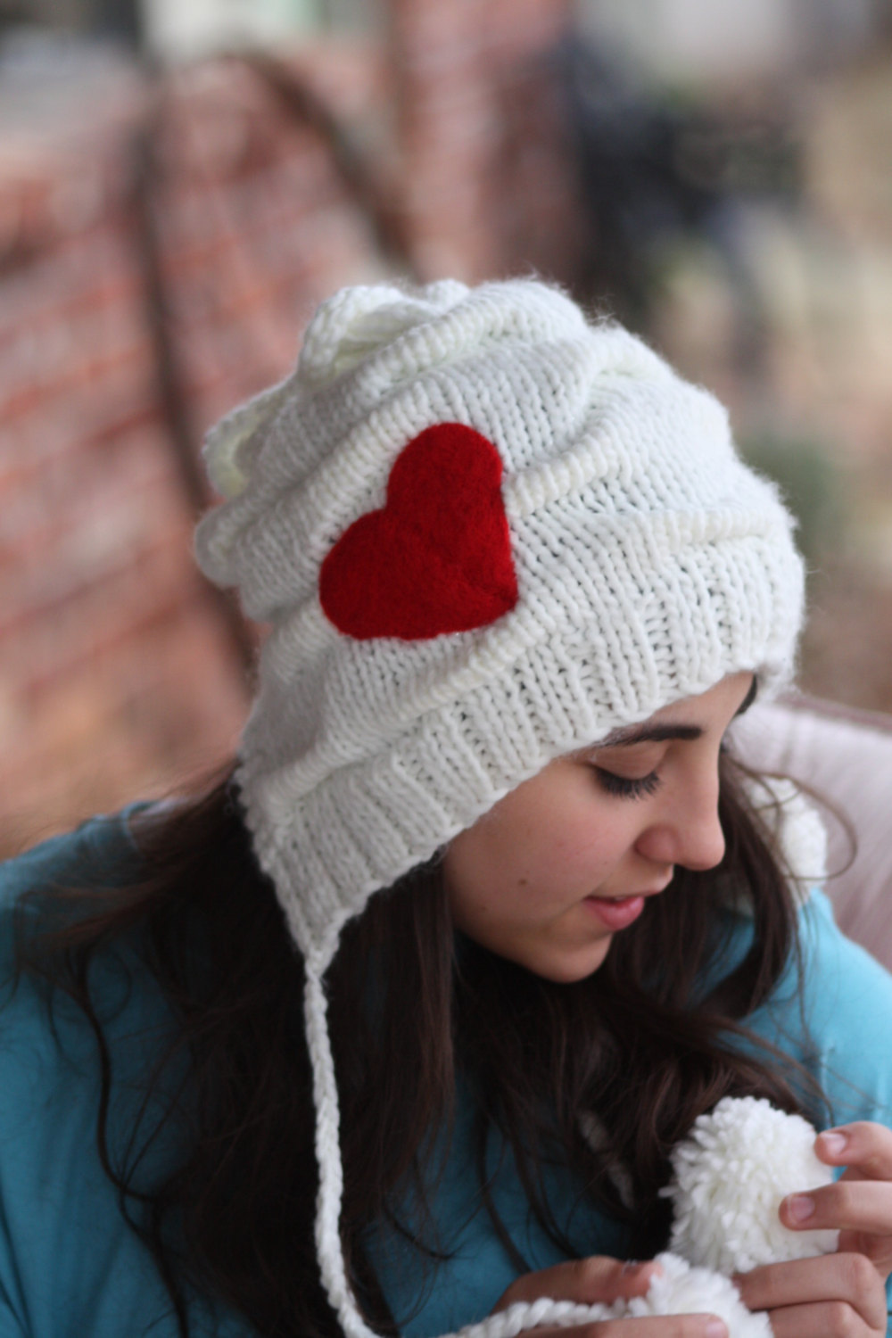 Knitted Hat- Red Heart, White Hat, Crochet Hat, Heart Hat, Love, Chunky Scarf, Infinity Scarf, Felt, Wool