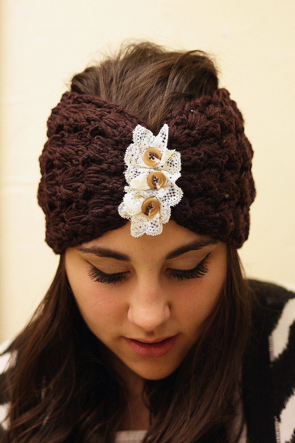 Headband - Knitted , Open-work, Chocolate Brown, Ivory Lace, Accordion, Wide Headband, Turban,