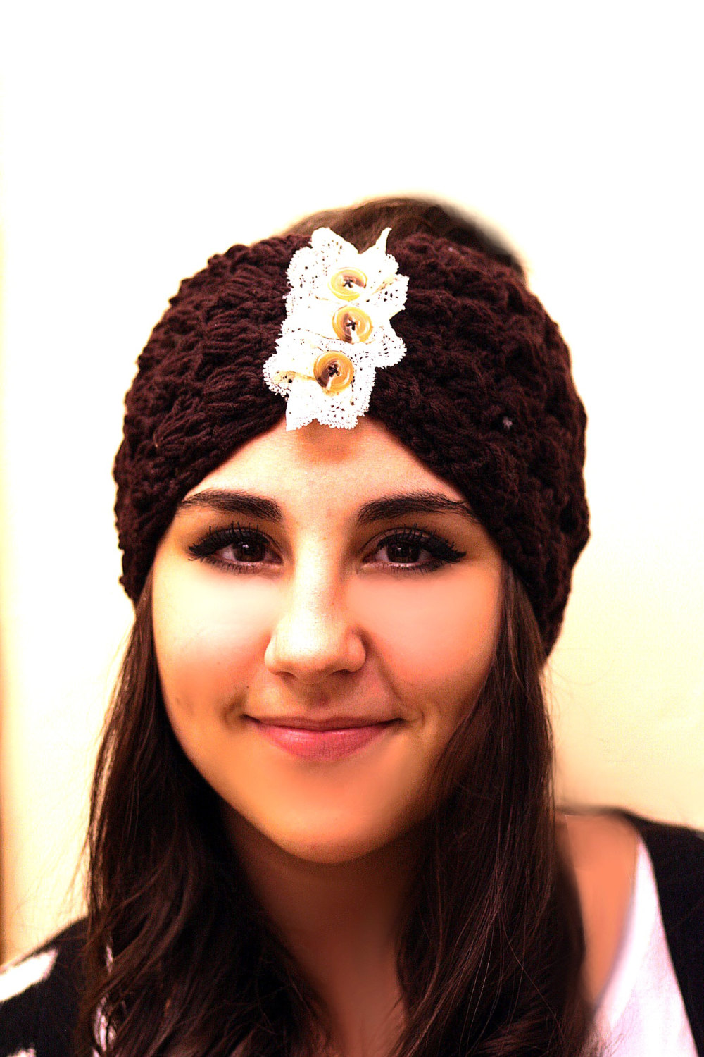 Headband Knitted , Openwork, Chocolate Brown, Ivory Lace, Accordion, Wide Headband, Turban