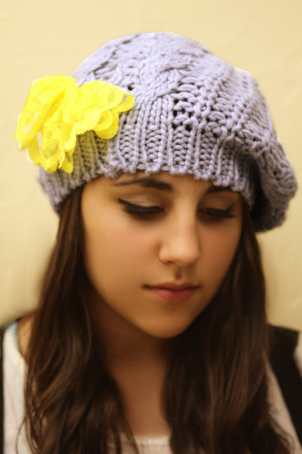 Yellow Bow Beanie Hat- Gray, Smoky, Lace Bow , Cable Knit, Knitted, Crochet, Christmas Gift.