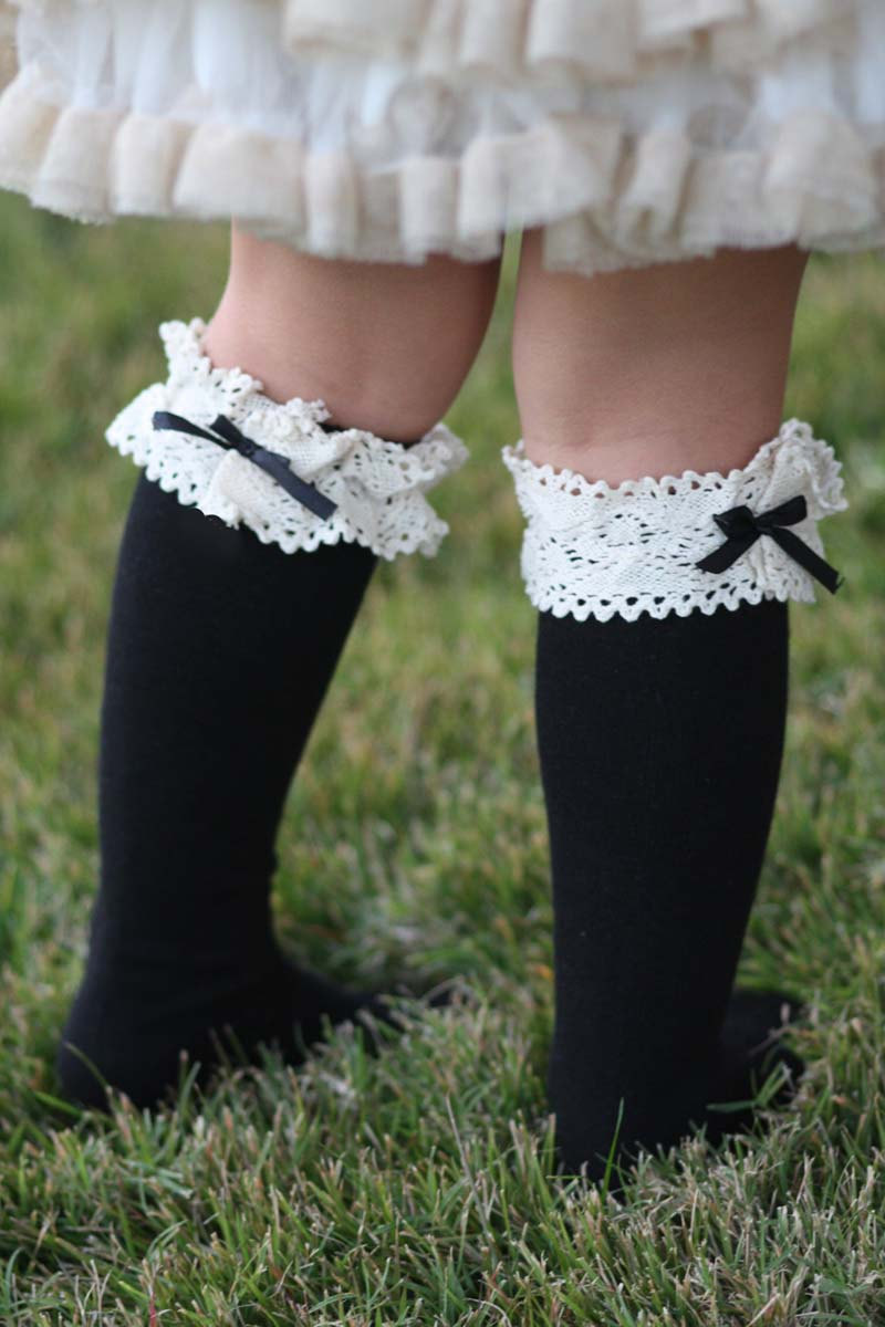 Kids Vintage Socks - Black And White, Bow, Girls Vintage Lace Socks, Boho, Knitted , Cotton, Organic , Boot Socks, Crochet, Ivory Lace