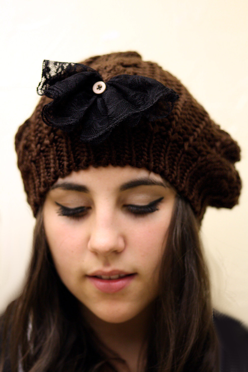 Black Bow Beanie Hat- Chocolate Brown , Black lace, wood button, lace bow , Cable Knit, Knitted, Crochet, Christmas Gift.