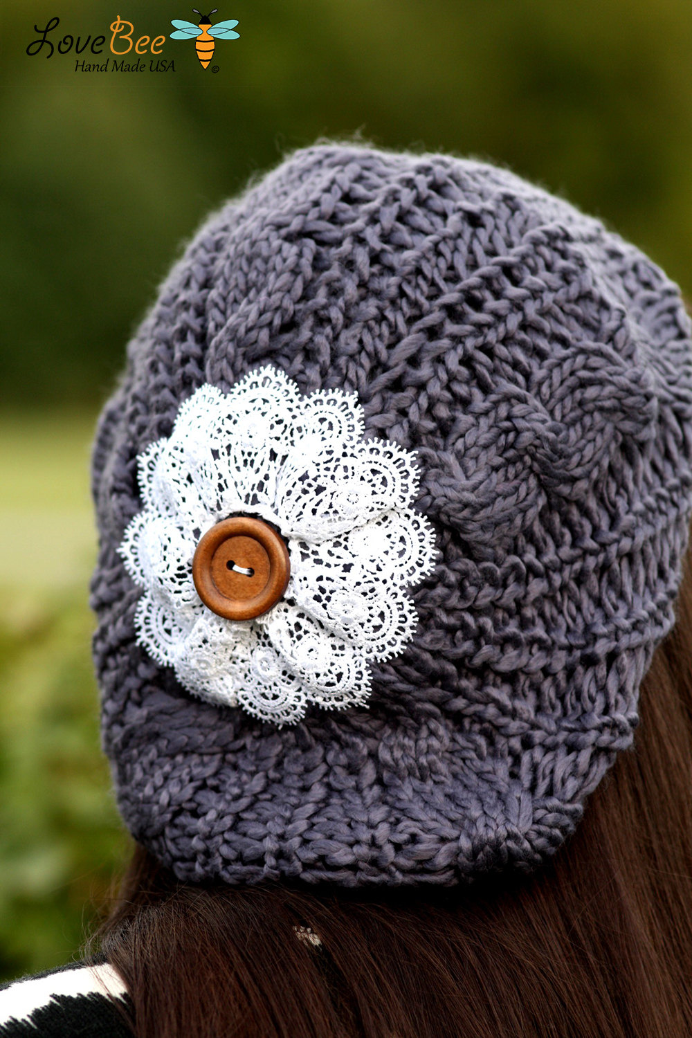 Beanie Hat- Charcoal Grey, Large Lace Flower, Wood Button, Cable Knit, Knitted, Crochet, White Lace, Christmas Gift.