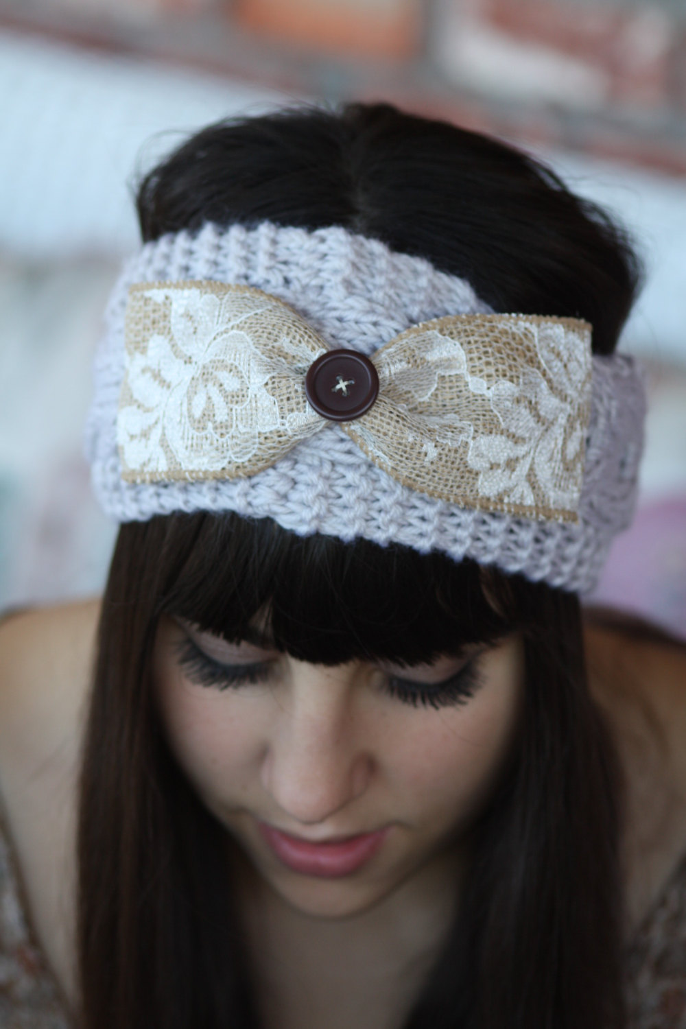Headband - Large Bow, Knitted , Cable Knit , Gray ,infinity, Wood Button, Lace, Linen,wide Headband, Turban, Christmas Gift
