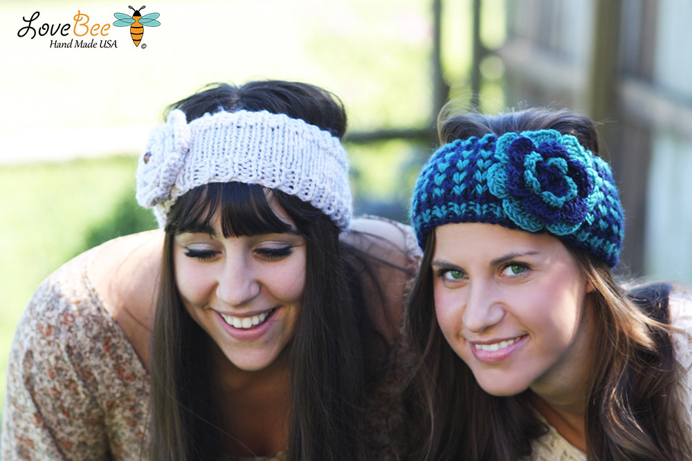 Headband - Large Flower, Turquoise , Navy Blue , Knitted , Knit ,infinity, Button, Wide Headband, Turban, Christmas Gift