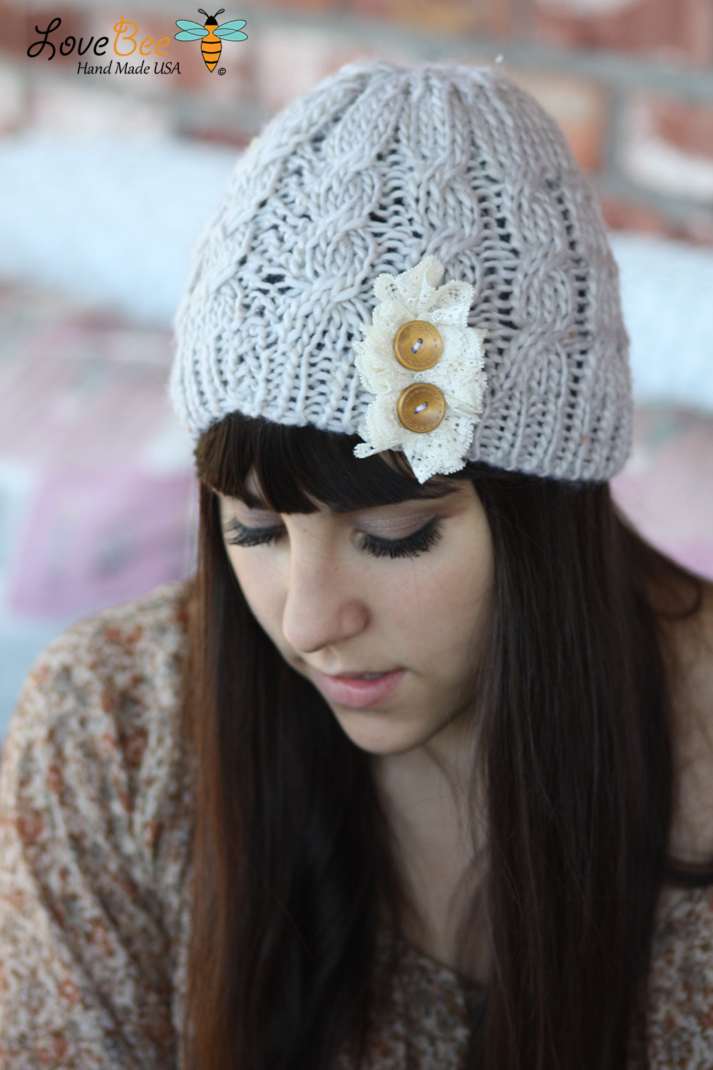 Beanie Hat- , Light Gray, Accordion Lace , Wood Buttons, Cable Knit, Knitted, Crochet, Ivory Lace, Christmas Gift.
