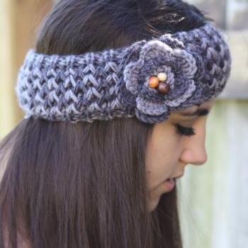 Headband - Large Flower, Grey , Wood Beads, Knitted , Crochet, Knit ,infinity, Wide Headband, Turban, Christmas Gift