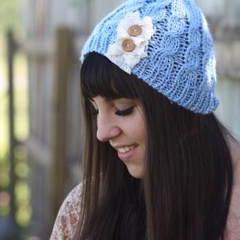 Beanie Hat- Sky Blue, Ivory, Accordion lace , Wood buttons, Leather Bow, Cable Knit, Knitted, Crochet, ivory lace, Christmas Gift.