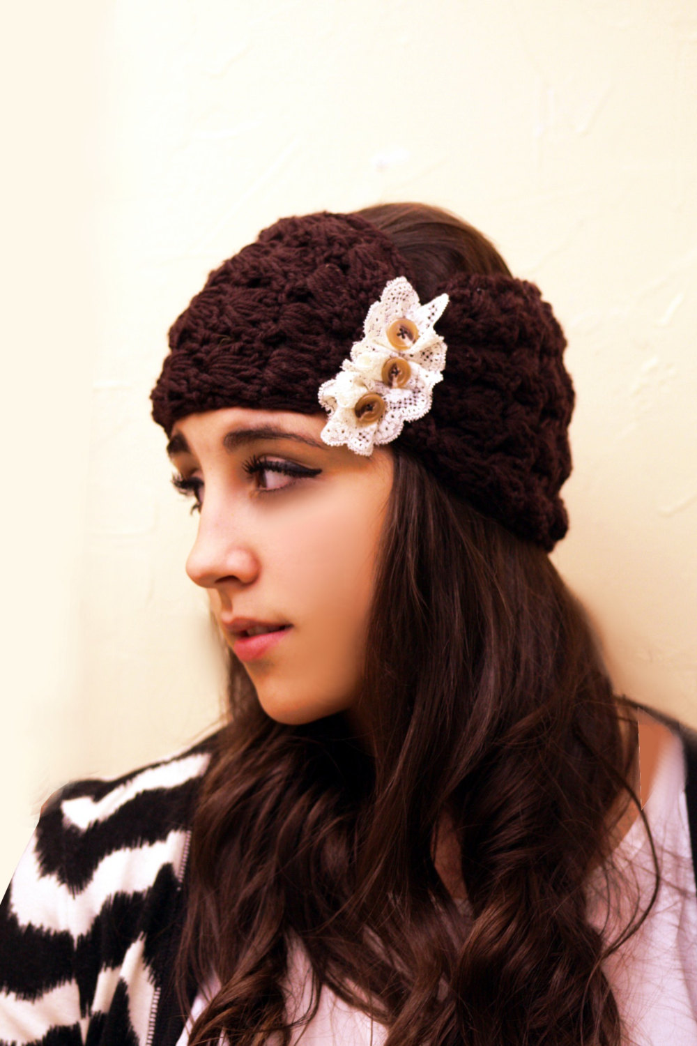 Headband Knitted , Openwork, Chocolate Brown, Ivory Lace, Accordion